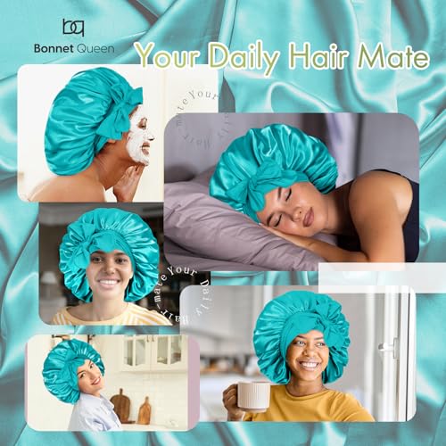 Image of BONNET QUEEN Silk Bonnet for Sleeping Satin Bonnet Women Hair Wrap Night Sleep Cap Scarf Wrap for Curly Hair with Tie Band, Large, Aqua
