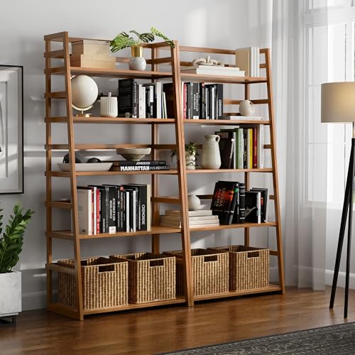 Image of SIMPLIHOME Acadian 30 inch Wide Ladder Bookcase in Light Brown (Set of 2)