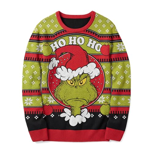 Fifth Sun Dr. Seuss The Grinch Ho Ho Ho Ugly Christmas Sweater Mens Standard Fit Holiday Pullover Sweatshirt Multi-color