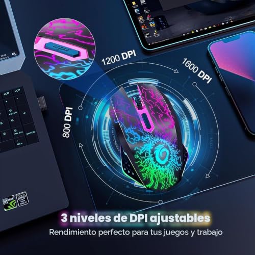 Miniatura 5 de Versiontech. Mouse Inalámbrico Para Juegos, Ratones Recargables Para Computadora Con Luces Led Coloridas, Clic Silencioso, Receptor Nano Usb De 2.4 G, Dpi De 3 Niveles Para Pc, Gamer, Portátil,