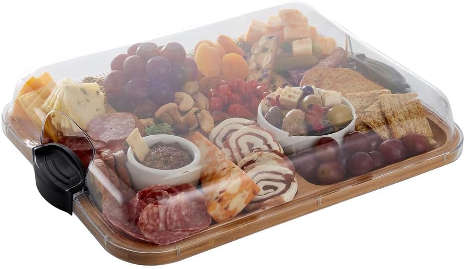 Farberware Build-A-Board Bamboo Cutting Board with Built-In Compartments & Clear Locking Lid, Black Handles – Charcuterie, Snack Tray, Food Prep and Serving Platter