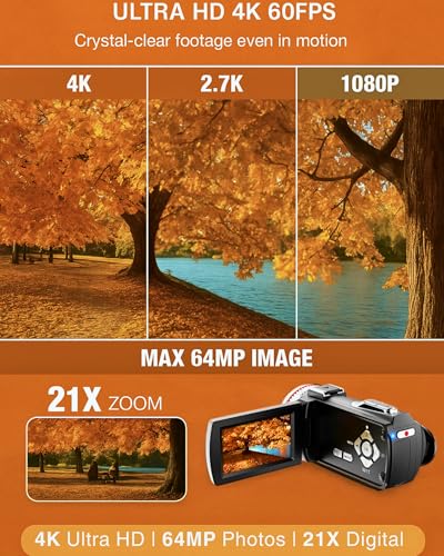 4K Camcorder Video Camera, Vlogging Camera for YouTube with External Mic, Digital Zoom & 3.0” Flip Screen, 2 Batteries, 32GB Card & Remote Control (64MP CAM) - Image 4
