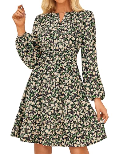 GRACE KARIN Vestido de manga larga para mujer, floral, acampanado, cuello en V, cintura elástica, Fondo negro, flores amarillas, M