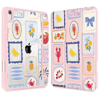 ICEKEE Case for iPad mini (A17 Pro,7th Generation) 2024/iPad Mini (6th Gen) 8.3 Inch, [Built-in Pencil Holder] Shockproof Cover with Clear Transparent Back Shell & Auto Wake/Sleep - Summer Stamps