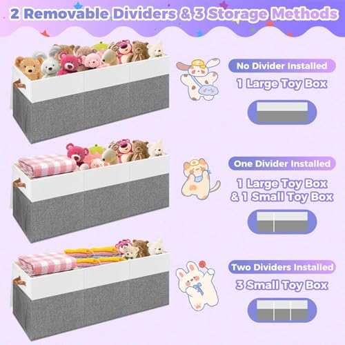 صندوق تخزين ألعاب كبير للغاية مع غطاء، قابل للطي ومتين مع فاصل للأطفال وللخزانة وغرفة اللعب وغرفة النوم والحضانة، 102 × 36 × 41 سم، لون رمادي وأبيض