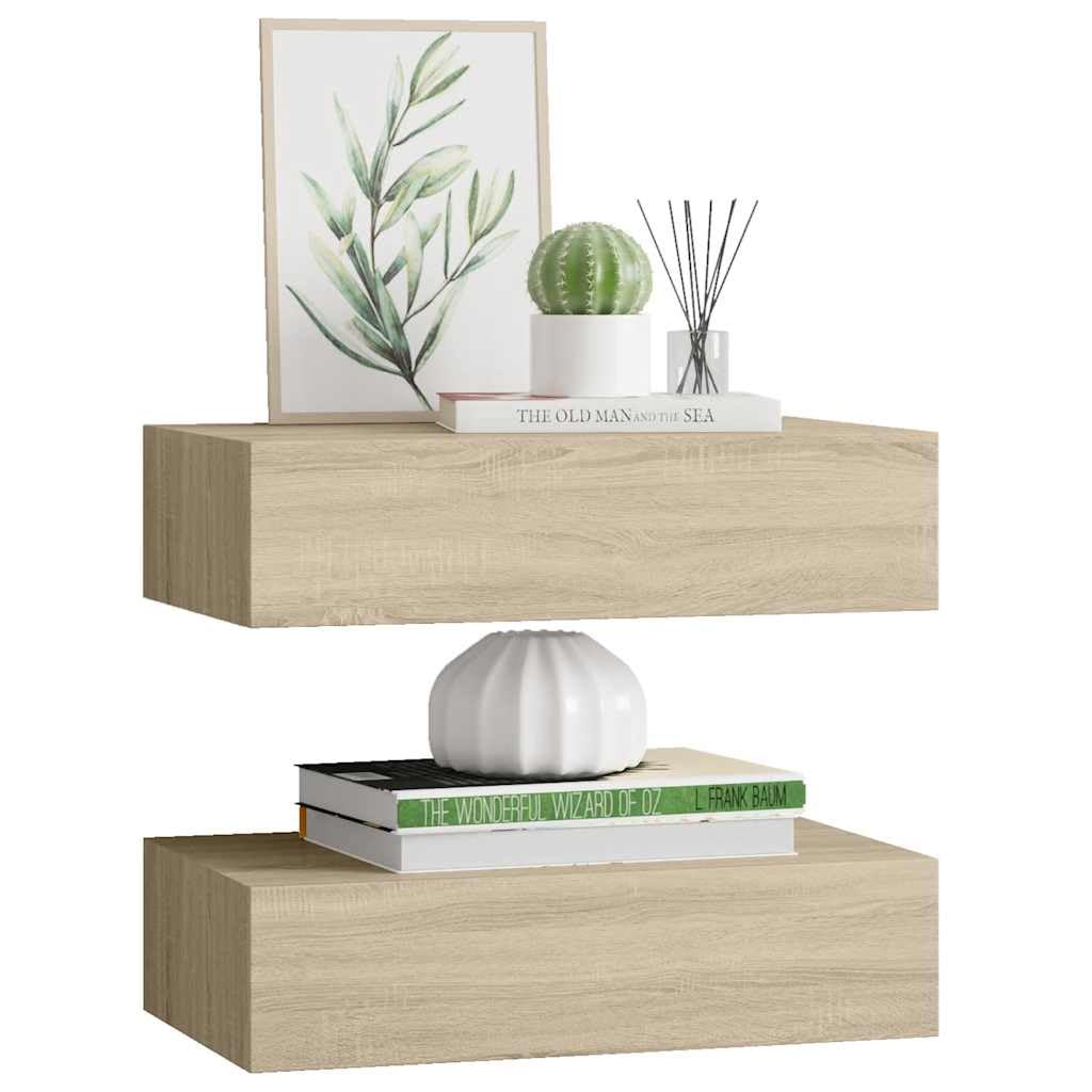 Lot de 2 étagères murales avec tiroirs, aspect chêne MDF, 40 x 23,5 x 10 cm, étagères suspendues flottantes pour salon, chambre à coucher, cuisine, salle de bain, bureau avec espace de