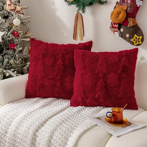 Demiawaking 2 Stücke Kissenbezug 45x45cm Sofadeko Sofakissen Weihnachten Deko, Weihnachtsbaum Kissen Kissenbezüge, Weicher Plüsch Kopfkissenbezug Kissenhülle Weihnachtsdeko Geschenk (Rot 02)