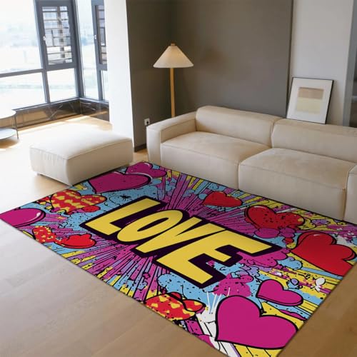 Tapis coeur rose 200x300cm avec imprimé jaune pour salon