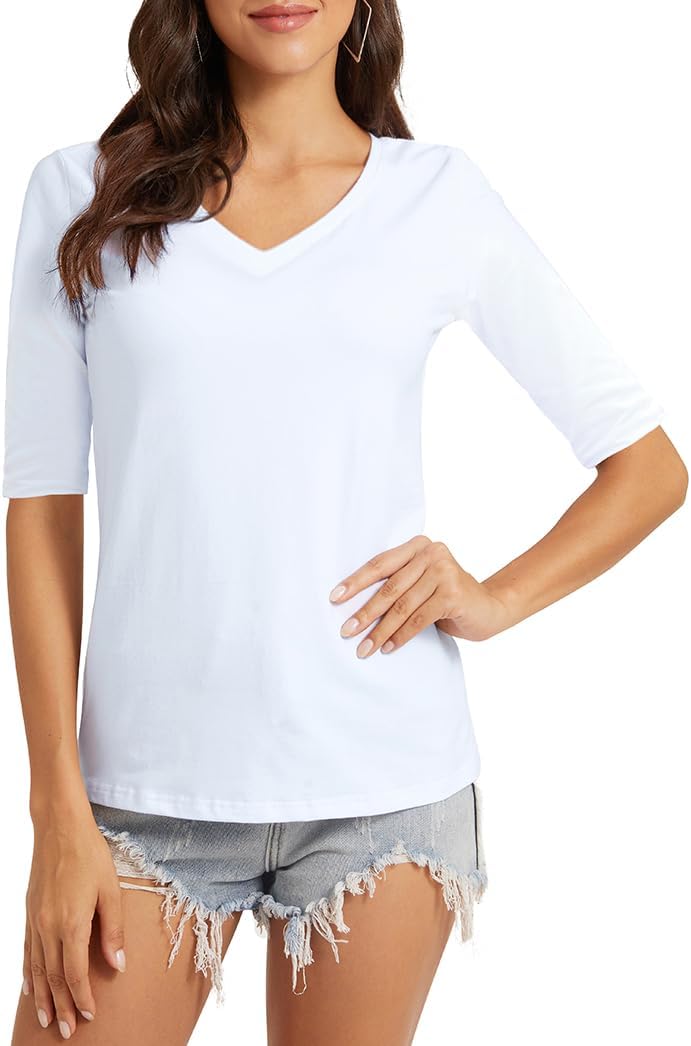 Women's Basic Half Sleeve V Neck T-Shirt Casual Solid Slim Cotton Top - Image 3