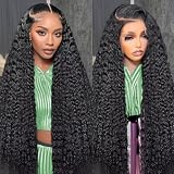 30 Inch Deep Wave Lace Front Wigs Human Hair 200 Density 13x6 HD Lace Front Wigs Human Hair Pre Plucked Brazilian Curly Wig Wet Wavy Glueless Frontal Wigs for Women Natural Black Deep Wave Wig