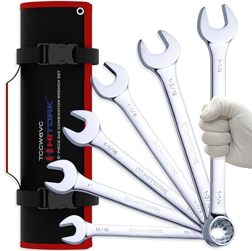 Hitork 6-Piece Large SAE Wrench Set 12-Point Box End Drop Forged Chrome-Plated Cr-V Steel 15 Offset Polished Roll Pouch Included Sizes 15/16 to 1-1/4