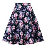 Waistline:Empire Women Midi Pleated Skirts Vintage 50S 60S Flower Printed Summer Skirts Ball Gown High Waist Audrey Hepburn Swing Skirts New 7 XL