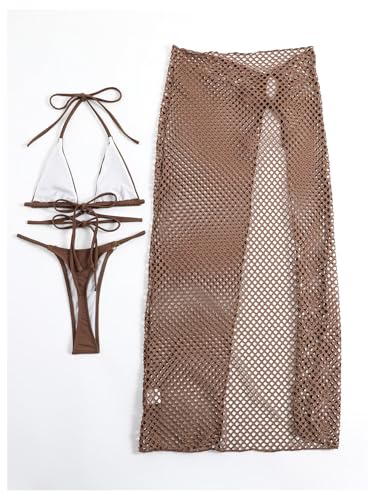 SweatyRocks Women's Triangle Micro Bikini Set 3 Piece Extreme G String Thong Swimsuit with Cover Up Skirts2