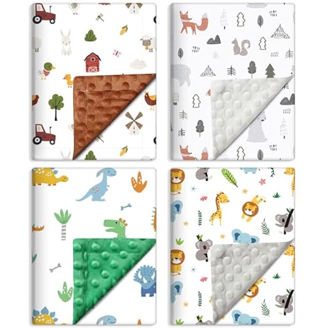 Tiamon 4 Pack Baby Blanket for Boys Girls 30 x 40 Inch Soft Double Layer Blankets with Dotted Backing Lovely Design Quilt for Unisex Toddler Newborn Forest Multicolor Printed (Animals)