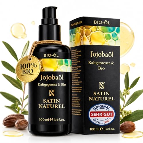 Satin Naturel Bio Jojobaöl kaltgepresst 100 ml 100% reines Jojobaöl Gesichtsöl & Körperöl für Haut Haare & Nägel Vegane Naturpflege mit Anti-Aging & Feuchtigkeitspflege