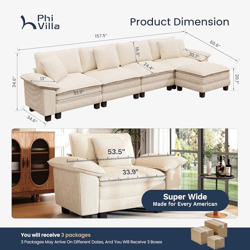 Image of PHI VILLA Cloud Modular Couch Sets, 123.6 inch Sectional Sofa with L-Shaped Chaise, 4-Seater Upholstered Couches with Movable Ottoman for Living Room, Corduroy Fabric, Beige
