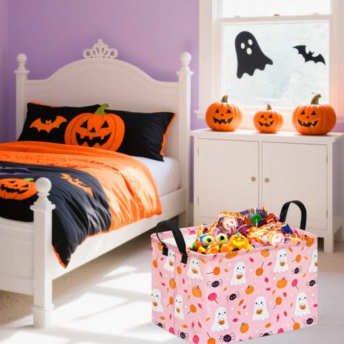 Image of Halloween Storage Basket Home Shelf Basket Rectangle Organizer Box Clothes Laundry Hamper Nursery Bin Gift Laundry Basket with Handles(Pink Cute Ghost Pumpkin)