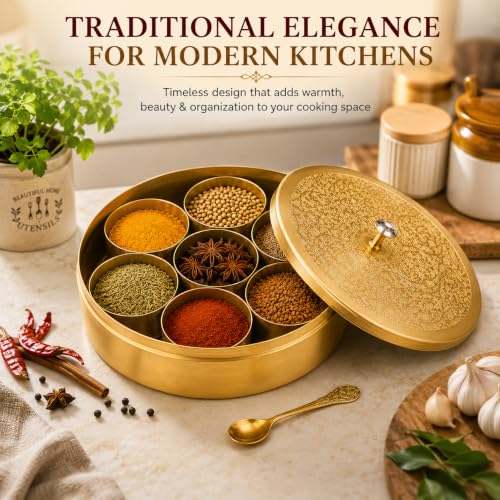 Image of Decorative Brass Spice Box with Floral Lid & Spoon | Handcrafted Round Masala Dabba with 7 Containers | Traditional Brass Masala Box for Kitchen | Masala Dani for Kitchen Stylish