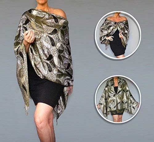 Metallic Silver Shawl Black Evening Wrap Formal Wear By ZiiCi