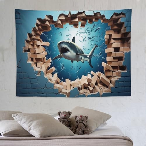 Tapisserie murale requin PAZZK 150x200cm en tissu imprimé ultra doux