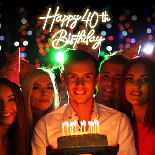 Image of Happy 40th Birthday Neon Sign For Birthday Party16.5 inch*10.5 inch Neon Happy Birthday Led Neon Light For Party Backdrop Wall Decor With Dimmable Switch Birthday Light Up Sign Birthday Gift