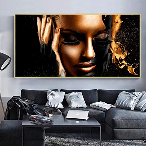 Toile peinture femmes africaines deco salon design scandinave affiche murale noir or 50x100cm