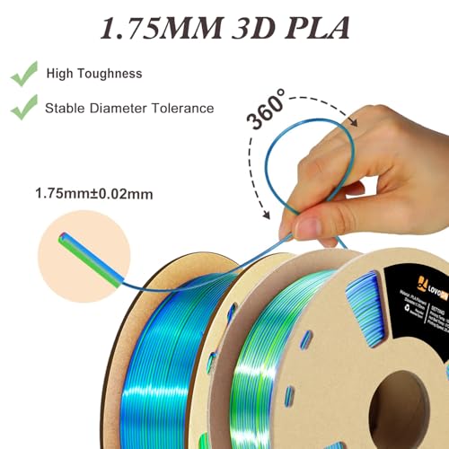 Image of LOVOON Silk PLA 3D Printer Filament Bundle 2 KG, PLA Filament 1.75mm, Shiny Silk Tri Color Blue /Green /Red and Orange /Green /Blue, Color Change by Angle 3D Printer PLA Filaments, 1KG X 2 Spools