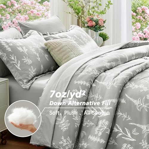 Image of MUXHOMO Silver Grey Full Comforter Set, Elegant Floral Print Bed in a Bag 7 Pieces, Ultra Soft & Breathable Reversible Botanical Pattern Bedding Set with Comforter, Sheets, Pillowcases, and Shams