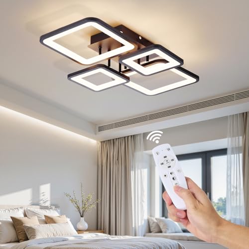 Warmiehomy Modern Ceiling Light LED,40W Dimmable Ceiling Litting with Remote Control,62CM 3000-6500K,4 Square Chandeliers Ceiling Light for Living Room Dining Room,Black
