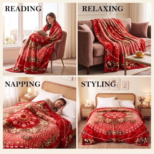 Image of BSB HOME Double Bed Mink Blanket 1.5 Kg, Velvet Like Soft Plush Fleece Blanket, Warm Lightweight Winter AC Blanket,Skin Friendly Floral Blanket for Double Bed,78 x 75 Inches(198 x 190 cm) - Scarlet