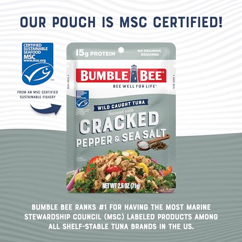 Image of Bumble Bee Cracked Pepper & Sea Salt Seasoned Tuna Pouch - Wild Caught and Ready to Eat for Snack, Salad, Korean Tuna Bowl - 15g Protein per Serving - 2.5 oz Packet (Pack of 12)