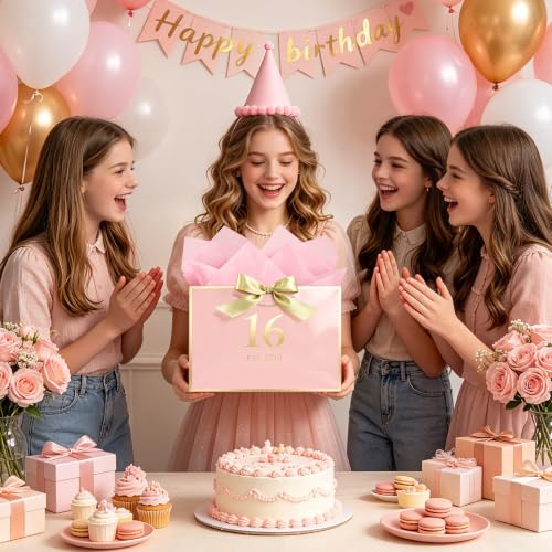 Image of JMANNI Birthday Gift Bag with Card and Tissue Paper for Men Women Him, Elegant Pink Gold Anniversary Keepsake Party Present Shopping Paper Bags for Gifts Wrapping Pink / 13 inch Medium /EST.2010 16th