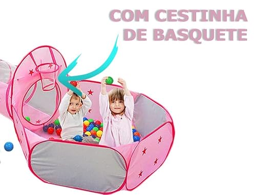Barraca Infantil 3 Em 1 Estrela Rosa Linda Toca Túnel Cesta Basquete Barraca Infantil Para Meninos E