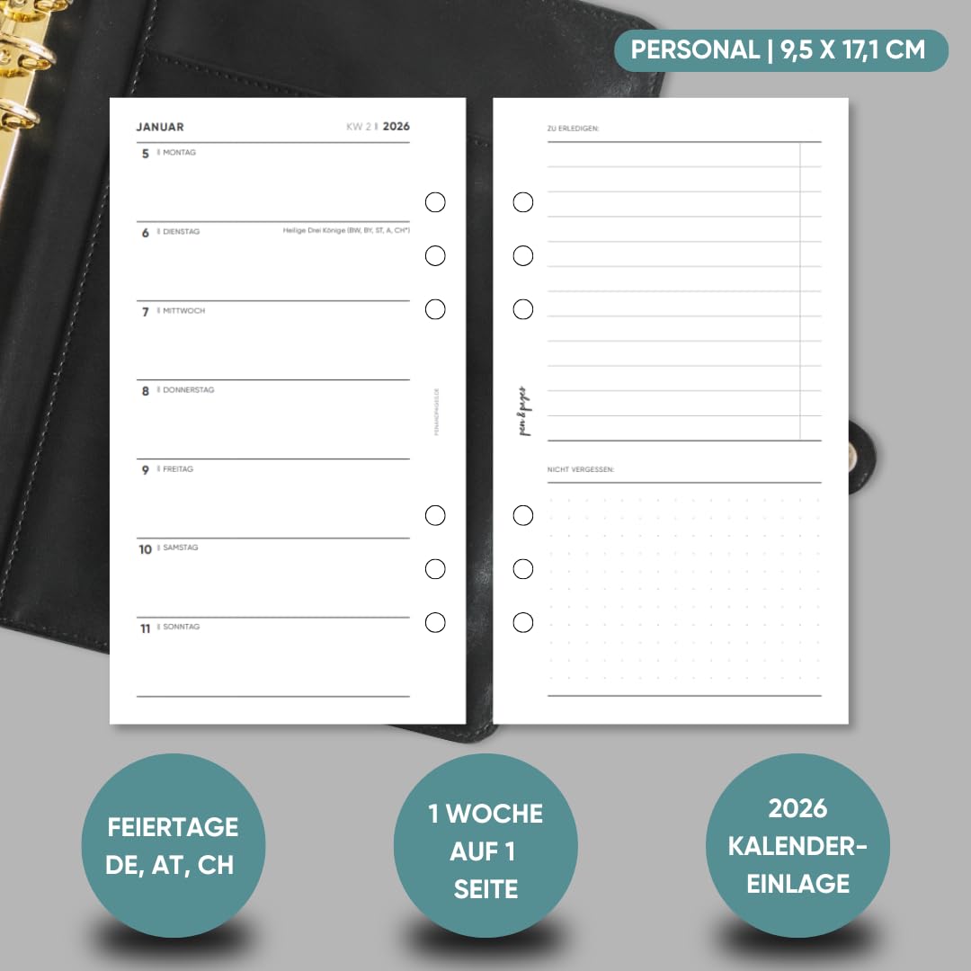 pen & pages® Kalender 2026 "1 Woche eine Seite + ToDo" 1 Woche auf 2 Seiten Personal 9,5 x 17,1 cm Einlage für Ringbuch mit Monatsübersicht Jahresübersicht DACH Feiertagen 6 fach Lochung (All-in-One)