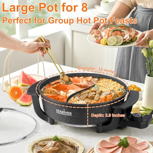Stariver 6L Electric Hot Pot with Divider - Dual-Flavor Fondue & Shabu Shabu Pot, 1360W with 5-Temp Control, Non-Stick & BPA-Free, Perfect for Family Dinners & Parties - Image 3