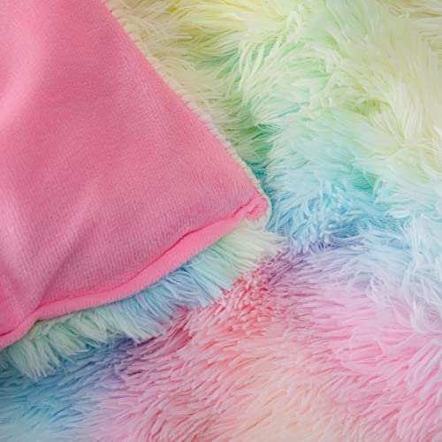 Gusuhome Faux Fur Comforter Set Full/Queen Rainbow Pink Fluffy Fuzzy Comforter Luxury Ultra Soft Shaggy Plush Microfiber Bedding Set 3 Pieces (Comforter X 1 Pillowcases X 2) #TOP4