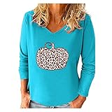 Dicke: Standard Halloween Pullover Kürbis Halloween Pullover Damen Sweatshirt Damen Schwarz Langarm Frauen lässige ärmelige Ausschnitt bedrucktes langes T-Shirt mit Ärmeln für Frauen Sommeroutfit Damen (Blue, XXL)