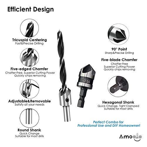 Amoolo 10-Pack Countersink Drill Bit Set With 1 Free Hex Key Wrench, 7 Pcs High Carbon Steel Countersink Drill Bits For Wood, 3 Pcs Hex Shank Wood Countersink Bits (1/2" 5/8" 3/4"), Woodworking Carpentry Reamer #TOP1
