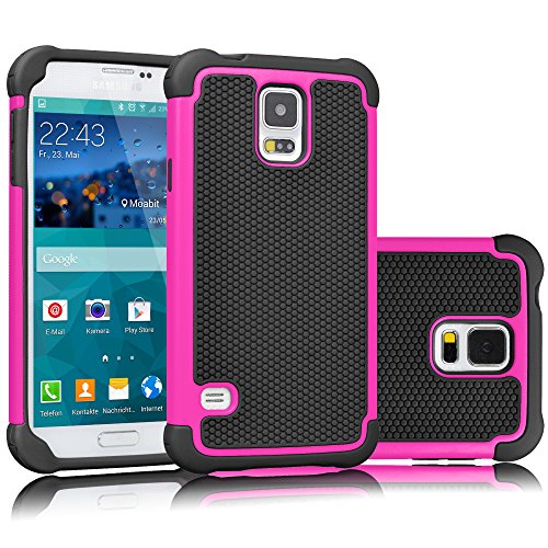 Tekcoo Galaxy S5 Case, [Tmajor] Sturdy [Hot Pink/Black] Shock Absorbing Hybrid Rubber Plastic Impact Defender Rugged Slim Hard Case Cover Bumper for Samsung Galaxy S5 S V I9600 GS5 All Carriers