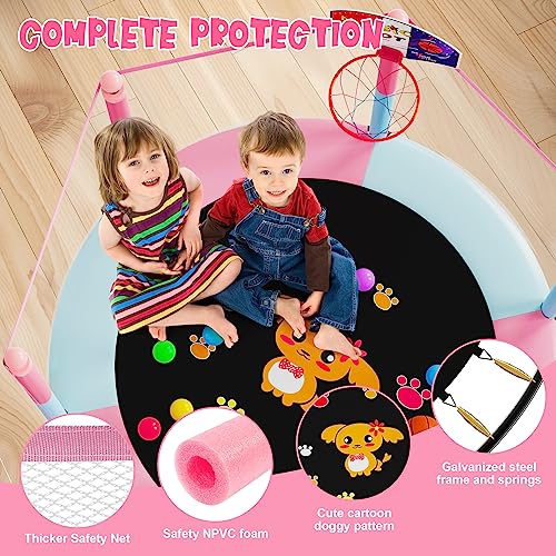 60" Trampoline for Kids, 5 FT Indoor & Outdoor Toddler Baby Trampoline with Basketball Hoop, Safety Enclosure, Birthday Gifts for Kids, Gifts for Boy and Girl, Age 3-8