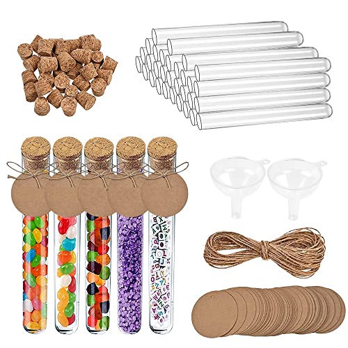 UCNOGIM 40 uds Tubos de Ensayo de Plástico Transparente 20 ml con Tapón de Corcho Cuerda de Yute Etiquetas Embudos para Detalle de Boda y Comunión para Poner Lacasitos Arroz Gominolas Sal Especias