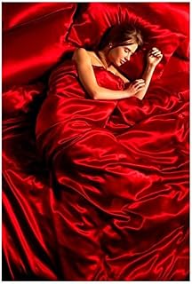 Lizzy Gorgeous 6Pcs Silk Satin Duvet Cover Silky Bedding Set Fitted Sheet, Duvet Cover & 4 x Pillow Cases Bed Linen Set Outlet (Double, Red)