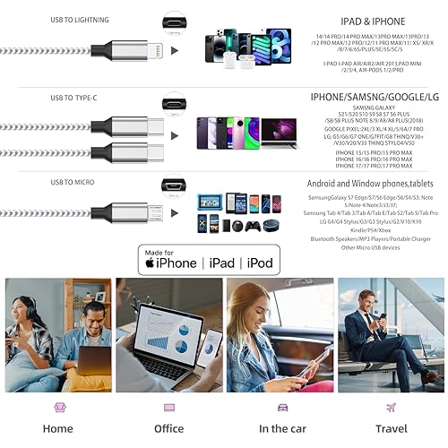 Multi Charging Cable 4ft 2Pack, Doub Tyep-C 4 in 1 Charging cable Nylon Braided Lightning iPhone Charger,Universal Charger Phone Cord With Type-C,Micro USB,IP Port for iPhone17-5/Android -Silver White — view 6