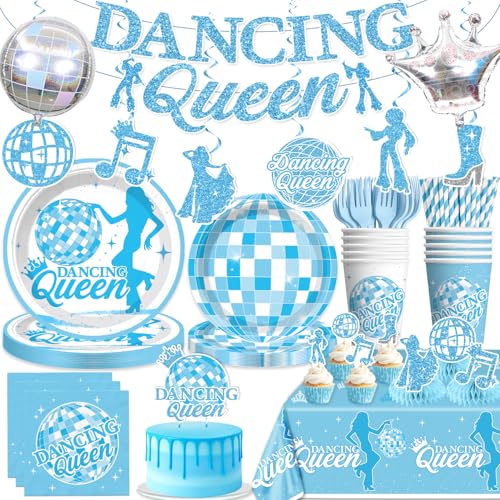 Xynic 182Pcs Mamma Mia Party Decorations, Dancing Queen Tableware Set with 25pcs Plate and Napkin, 2pc Tablecloth, Glitter Banner and Cake Toppers for Dancing Queen Party Decorations
