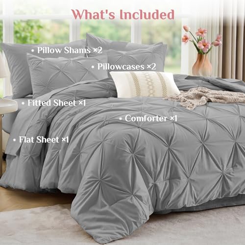 JOLLYVOGUE King Size Comforter Set 7 Pieces - Bed in a Bag King for All Season, Pintuck Bedding Comforter Sets with Comforter, Flat Sheet, Fitted Sheet and Pillowcases & Shams, Light Grey by JOLLYVOGUE - Used condition - Image 7