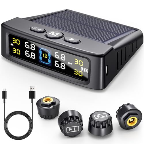 GEARGO RV Tire Pressure Monitoring System - TPMS Tire Pressure Monitor System(0-99 PSI) with Solar Charger, RV TPMS with 4 sensors & 6 Alarm Modes, LCD Display(4 sensors)