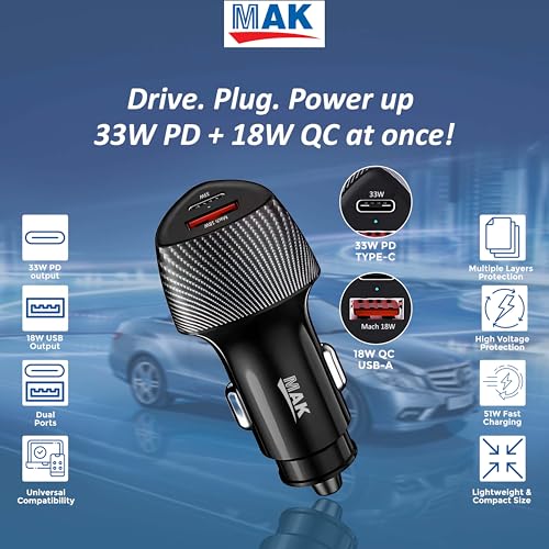 Image of MAK Dual Port 51W Car Charger with 33W USB-C PD & 18W QC 3.0 Fast Charging, Compact Car Mobile Charger for iPhone, Android & Tablets (Black).