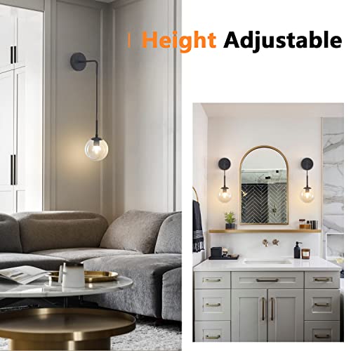 Image of BOKT Matte Black Amber Glass Round Wall Sconce Light Mid Century Modern Globe Bathroom Wall Sconce Lamp Farmhouse Industrial Adjustable Bar Wall Light Fixture (Black+Amber)