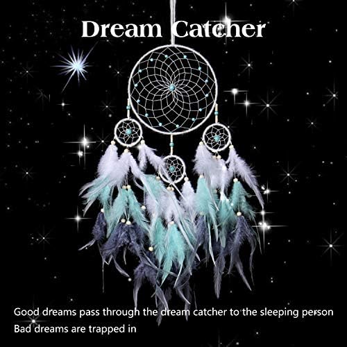 Dream Catcher for Home Decor, Handmade Sleek Dreamcatcher Blue and White Beads and Feathers Wall Ornament Gift for Bedroom