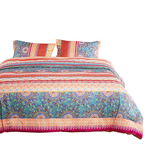 Wake In Cloud - Bohemian Duvet Cover Set, Orange Coral Boho Chic Mandala Printed Soft Microfiber Bedding, with Zipper Closure (3pcs, King Size)